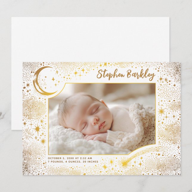 Cute Stars Moon Celestial Newborn Photo Birth Announcement (Front/Back)