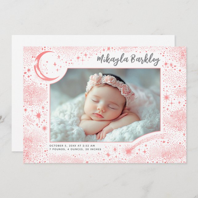 Cute Stars Moon Celestial Newborn Photo Birth Announcement (Front/Back)