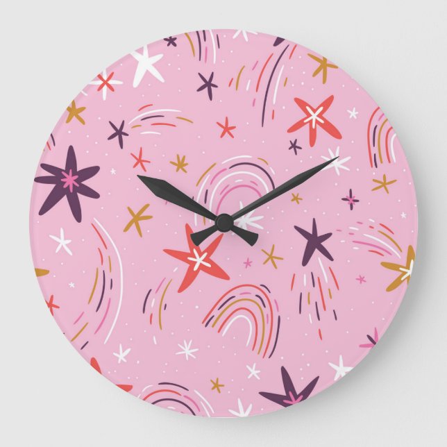 Cute Stars Rainbows Pink Pattern Large Clock (Front)