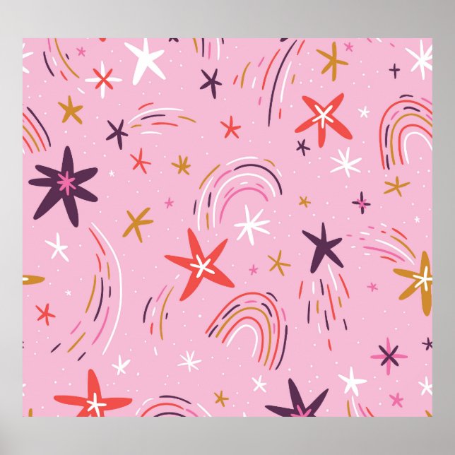 Cute Stars Rainbows Pink Pattern Poster (Front)