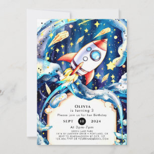 Cute Stars Rocket Birthday Invitation