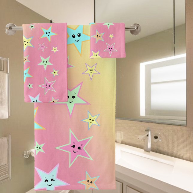 Cute stars with faces in pastel colours   bath towel set (Creator Uploaded)