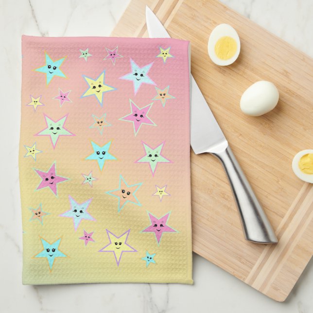 Cute stars with faces in pastel colours       tea towel (Quarter Fold)