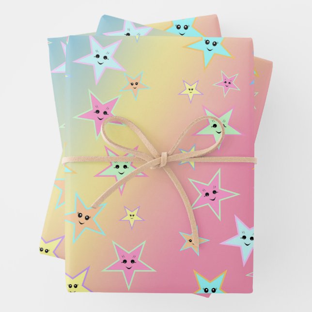 Cute stars with faces in pastel colours    wrapping paper sheet (In situ)