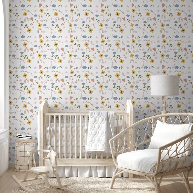 Cute Stars Yellow Flowers Hearts Rainbows Nursery Wallpaper (Kids)