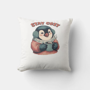 Cute Stay Cozy Penguin Drinking Hot Cocoa Hat Cushion