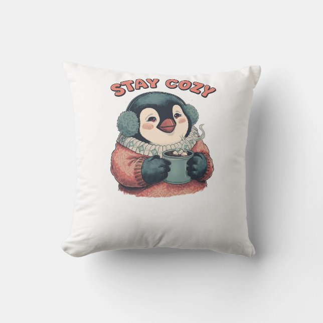 Cute Stay Cozy Penguin Drinking Hot Cocoa Hat Cushion (Front)