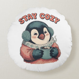 Cute Stay Cozy Penguin Drinking Hot Cocoa Hat Round Cushion