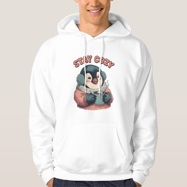 Cute Stay Cozy Penguin Drinking Hot Cocoa T-Shirt Hoodie (Front)