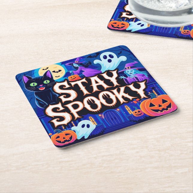 Cute stay spooky halloween square paper coaster (Angled)