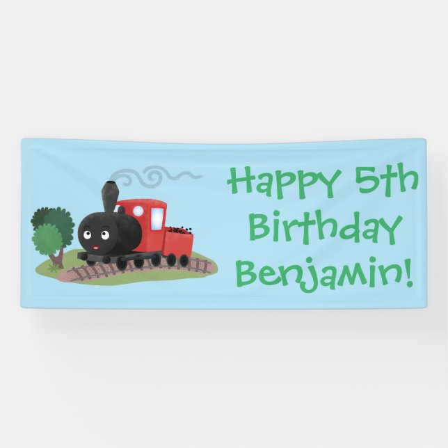 Cute steam train locomotive cartoon illustration banner (Horizontal)