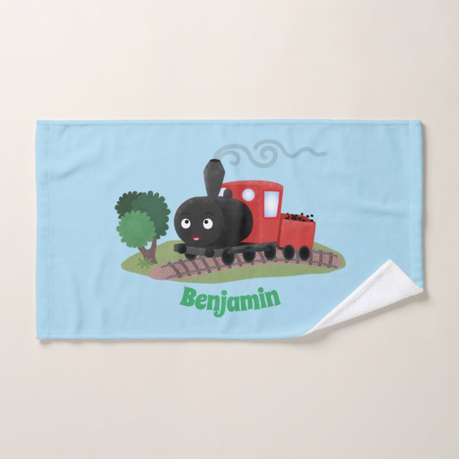 Cute steam train locomotive cartoon illustration bath towel set (Hand Towel)