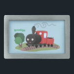 Cute steam train locomotive cartoon illustration belt buckle<br><div class="desc">This happy steam train is puffing along the countryside. Drawn in cute animated illustration style. Locomotive fun!</div>