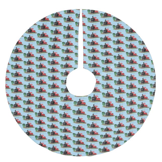 Cute steam train locomotive cartoon illustration brushed polyester tree skirt (Front)