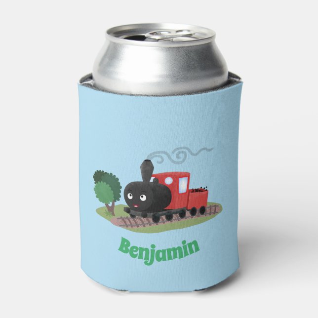Cute steam train locomotive cartoon illustration can cooler (Can Front)
