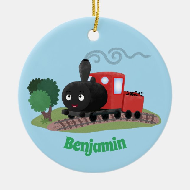 Cute steam train locomotive cartoon illustration ceramic tree decoration (Front)