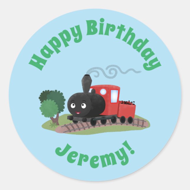 Cute steam train locomotive cartoon illustration classic round sticker (Front)