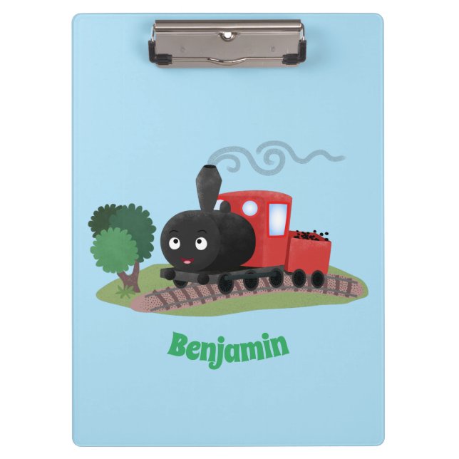 Cute steam train locomotive cartoon illustration clipboard (Front)