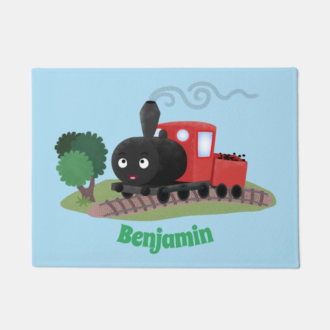 Cute steam train locomotive cartoon illustration doormat (Front)