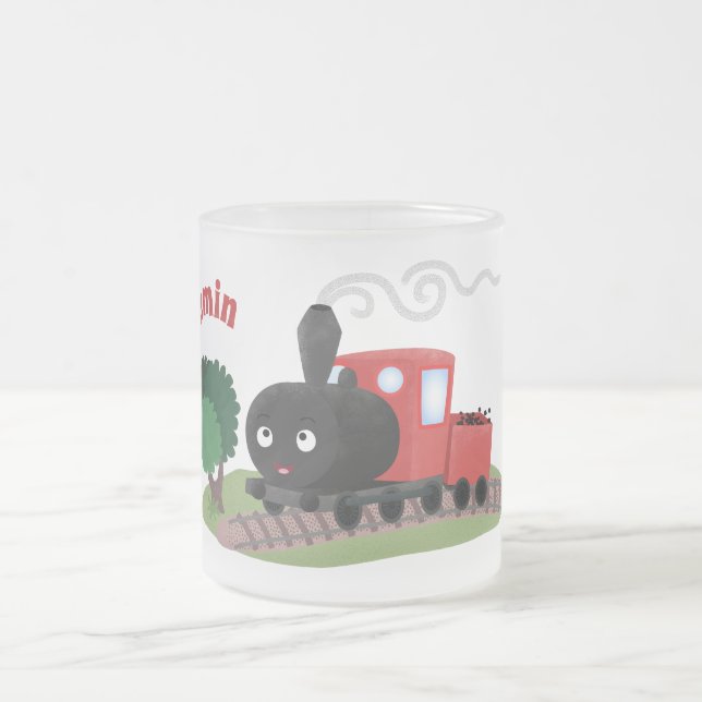 Cute steam train locomotive cartoon illustration frosted glass coffee mug (Center)