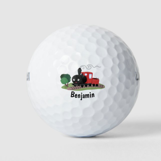 Cute steam train locomotive cartoon illustration golf balls (Front)