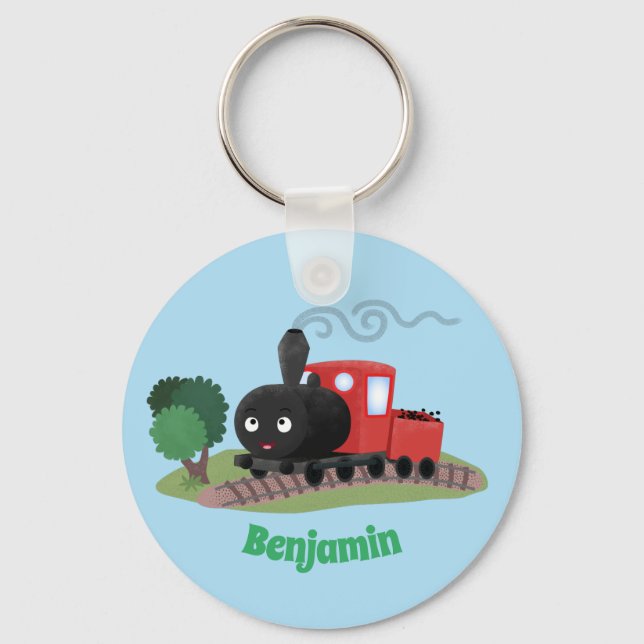 Cute steam train locomotive cartoon illustration key ring (Front)