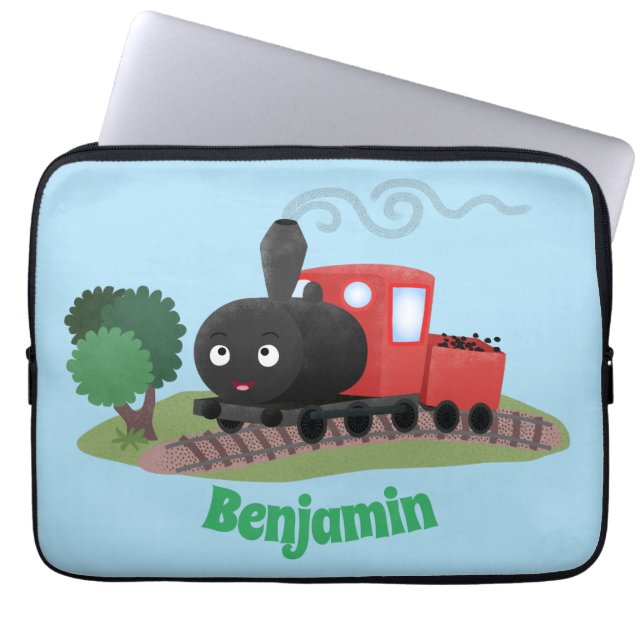 Cute steam train locomotive cartoon illustration laptop sleeve (Front)