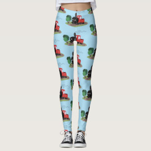 Cute steam train locomotive cartoon illustration leggings