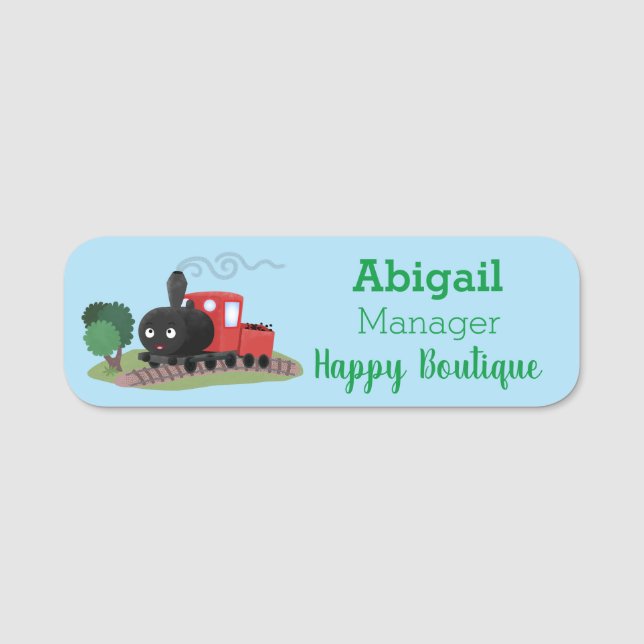 Cute steam train locomotive cartoon illustration  name tag (Front)
