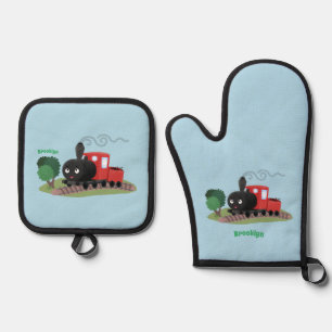 Cute steam train locomotive cartoon illustration oven mitt & pot holder set