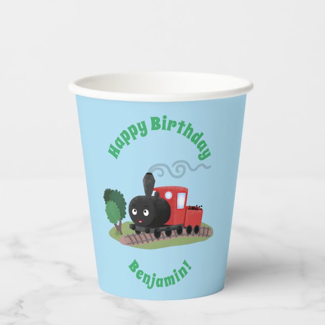 Cute steam train locomotive cartoon illustration paper cups (Front)
