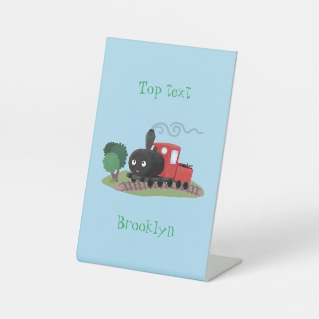 Cute steam train locomotive cartoon illustration pedestal sign (Front)