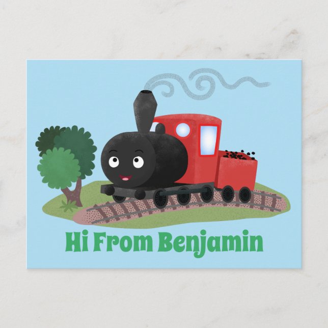 Cute steam train locomotive cartoon illustration postcard (Front)