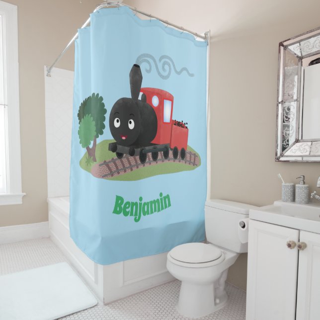 Cute steam train locomotive cartoon illustration shower curtain (In Situ)