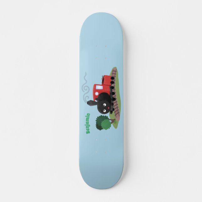Cute steam train locomotive cartoon illustration skateboard (Front)