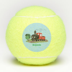 Cute steam train locomotive cartoon illustration  tennis balls