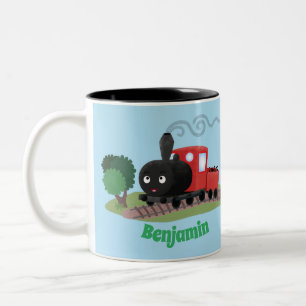 Cute steam train locomotive cartoon illustration Two-Tone coffee mug