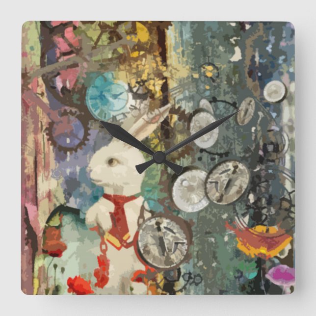 Cute steampunk Alice Wonderland white rabbit Square Wall Clock (Front)