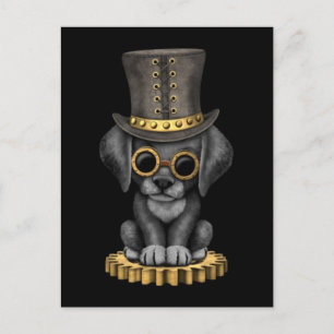 Cute Steampunk Black Lab Puppy Dog, black Postcard