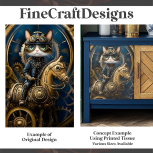 Cute Steampunk Cat On Brass Horse G3R Decoupage  Tissue Paper