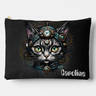 Cute steampunk cat with clocks and gears.  accessory pouch