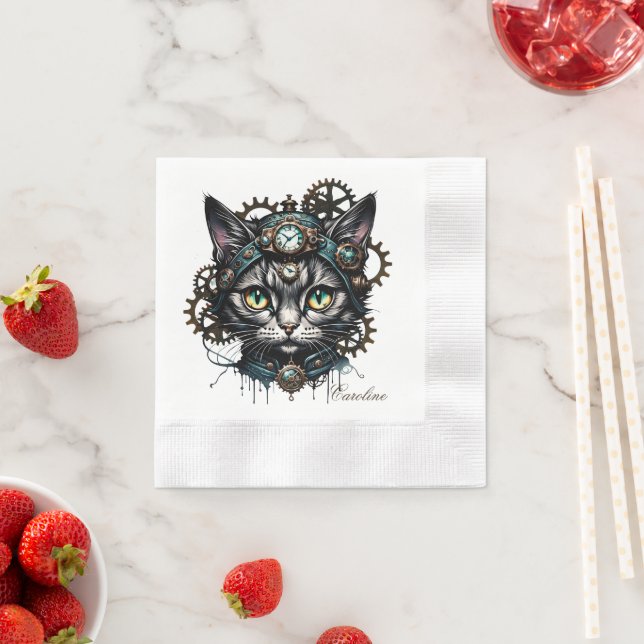 Cute steampunk cat with clocks and gears.  napkin (Insitu)