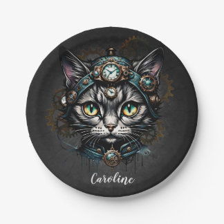 Cute steampunk cat with clocks and gears.  paper plate