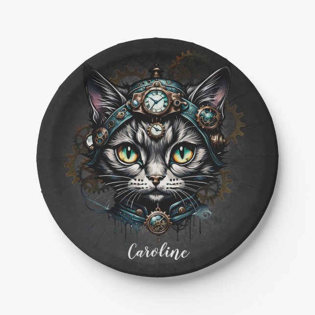 Cute steampunk cat with clocks and gears.  paper plate (Front)