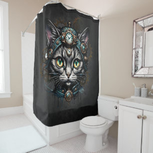 Cute steampunk cat with clocks and gears.  shower curtain