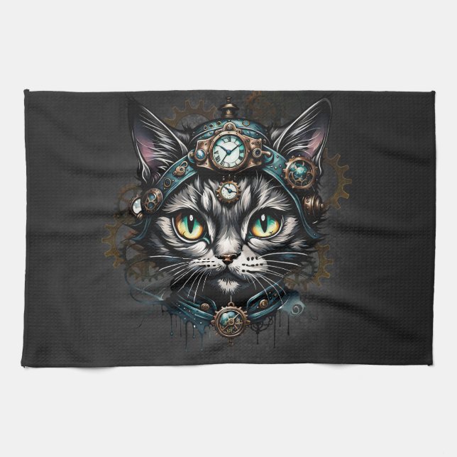 Cute steampunk cat with clocks and gears.  tea towel (Horizontal)