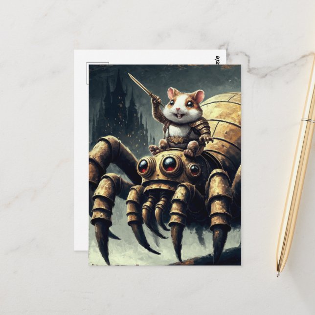 Cute Steampunk Hamster and Spider Postcard (Front/Back In Situ)
