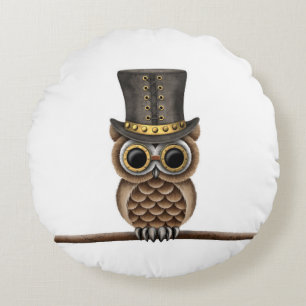 Cute Steampunk Owl on a Branch on White Round Cushion