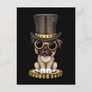 Cute Steampunk Pug Puppy Dog, black Postcard