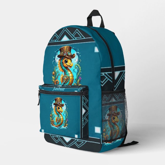 Cute steampunk seahorse with a stylish  hat.  printed backpack (Back Corner Right)